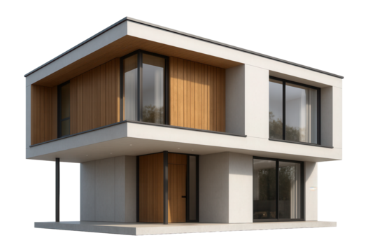 Modern two-story house with large glass windows and wooden paneling on transparent background.