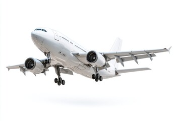 Obraz premium White passenger jet in mid-flight against a pure white background