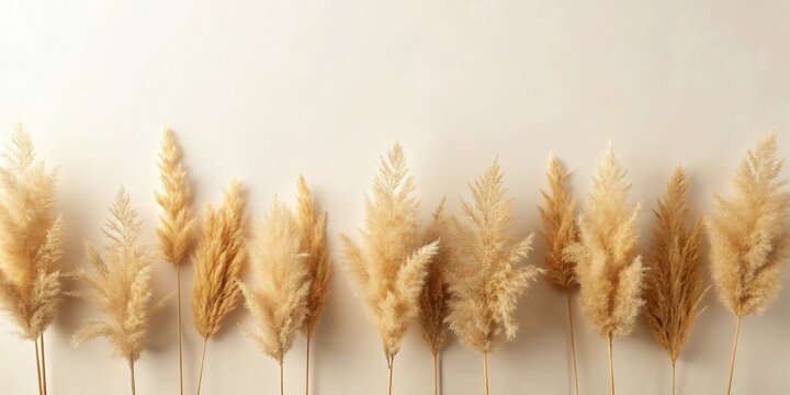 Elegant beige pampas grass stems arranged in a row against a neutral background, creating a sophisticated and minimalist botanical design element ideal for home decor or design inspiration.
