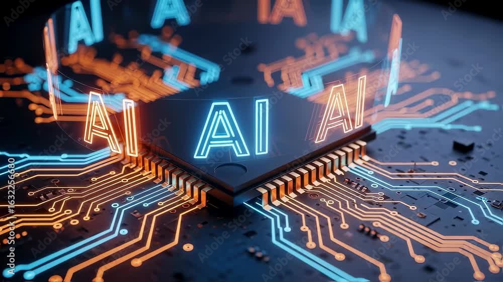 Poster neonlit integrated circuit with ai text rotating effect revealing glowing pathways in cool and warm 