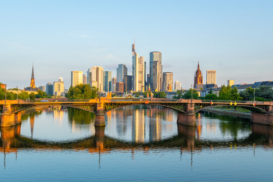 Frankfurt City Downtown, Ignatz Bubis Bridge and Main River at Sunrise. Hesse, Germany
