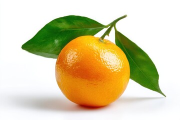 A single ripe orange tangerine with two green leaves on its stem isolated on white background