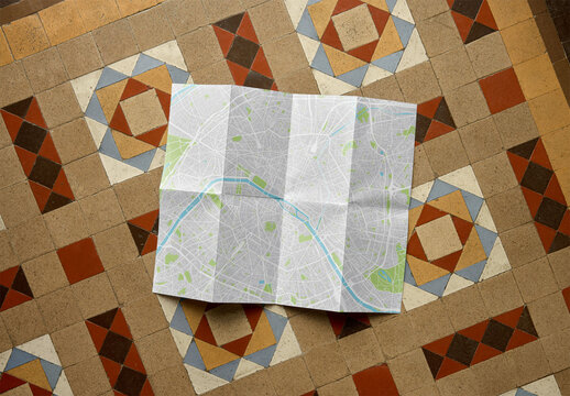 Mockup Of Piece Of Folded Paper On Tiled Floor, 8 Folds