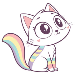 Cute Cartoon Cat with Rainbow Tail and Heart Mark Vector Illustration