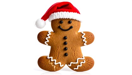Festive gingerbread man cookie wearing a Santa hat isolated on white background