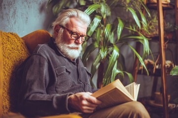 An older man with a white beard sits in a cozy armchair, engrossed in reading a book surrounded by plants.