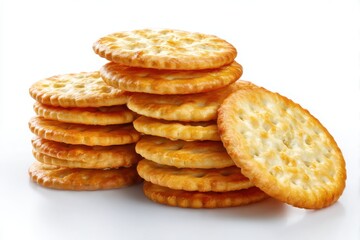 Stack of golden brown round crackers with holes isolated on white background