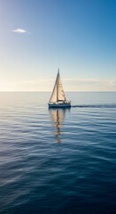 Fototapeta premium Serene Sailboat Glide: Solitary Yacht at Sunset, Calm Ocean Waters Reflecting Golden Light