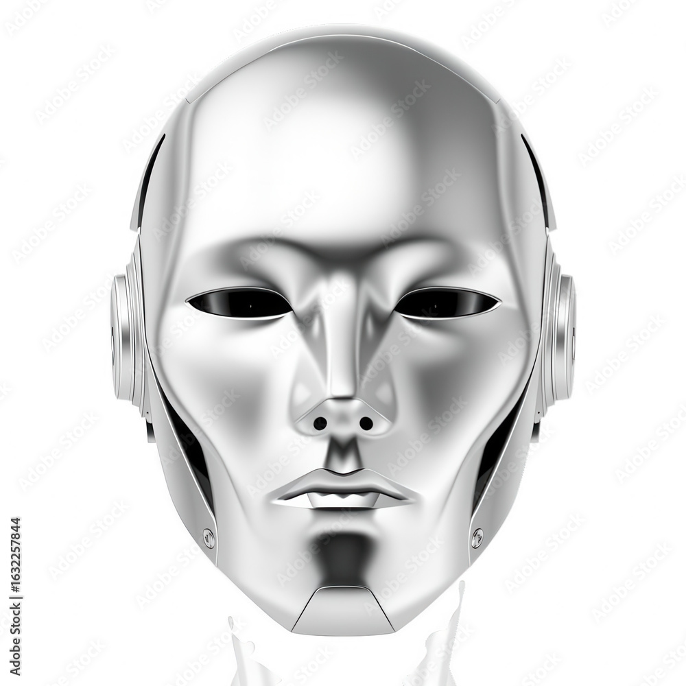Poster a metallic robot head with a smooth surface and a humanoid face represents artificial intelligence i