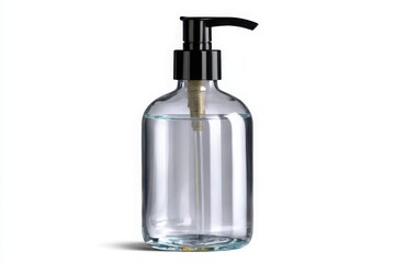Clear glass bottle with black pump dispenser filled with clear liquid isolated on white background