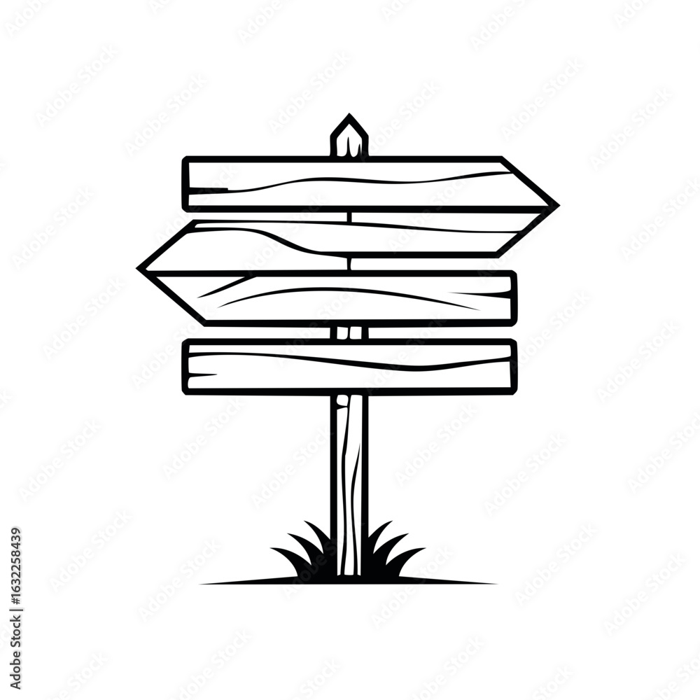 Poster rustic wooden signpost outline with multiple blank directional arrows indicating choices and paths