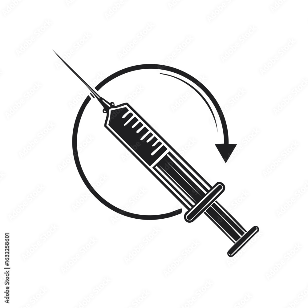 Poster monochrome syringe rotation concept with arrow in circular shape design
