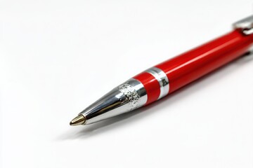 Naklejka premium Close up of a red and silver mechanical pencil tip with a shiny metallic finish isolated on white background