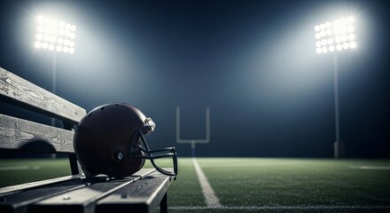 American Football Helmet on Bench Under Stadium Lights with Blurred Field.