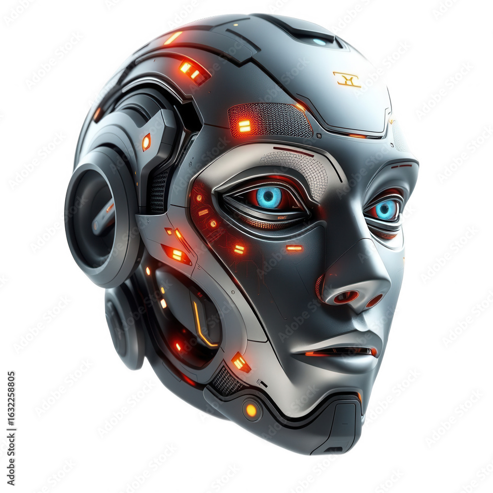 Poster detailed close up of a futuristic robot head showcasing advanced artificial intelligence and technol