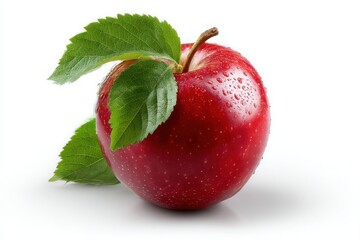 A single ripe red apple with green leaves and water droplets isolated on white background