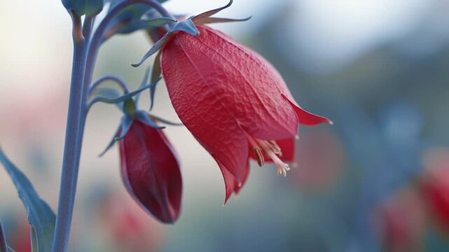Closeup of bellflower with red petals blue stem and blurred background