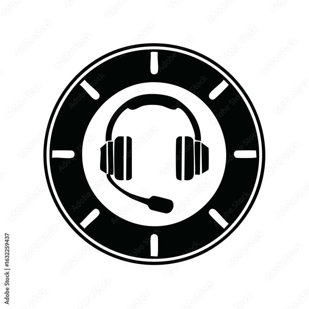 Poster headset with microphone and clock icon for 24/7 service and support