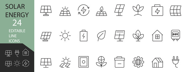 24 editable line icons representing solar energy, including solar panels, batteries, and eco-friendly power sources. Ideal for green energy projects and apps.  © Dipa