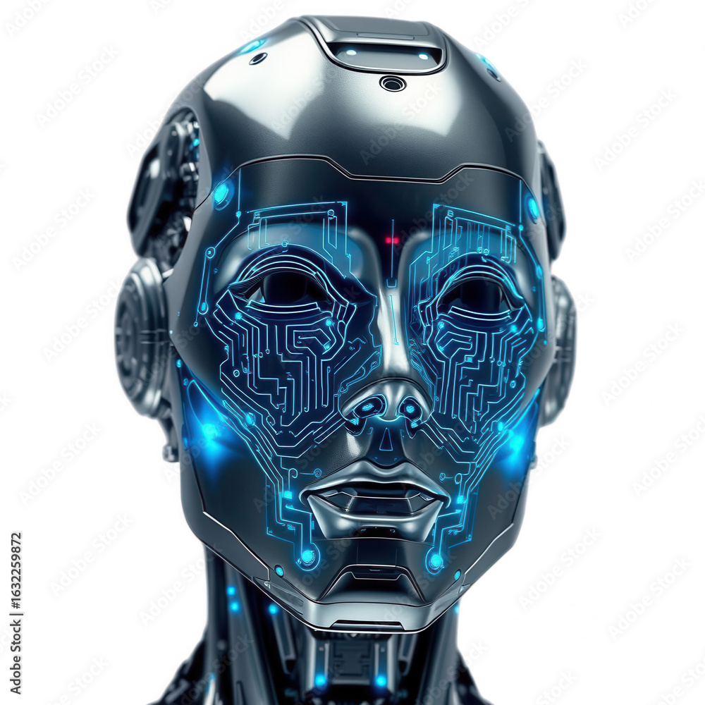 Poster futuristic robot head with glowing blue circuits representing artificial intelligence and advanced t