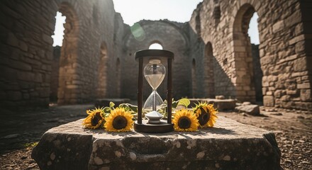 Antique Hourglass with Wilting Sunflowers Amidst Ancient Ruins.