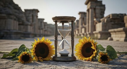 Antique Hourglass with Wilting Sunflowers Amidst Ancient Ruins.