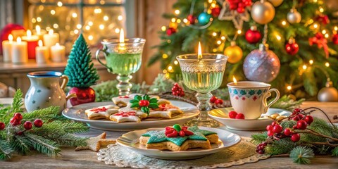 Naklejka premium A Festive Holiday Table Setting with Decorated Cookies, Candles, and Warm Beverages