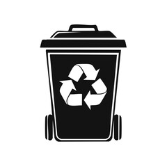 Recycling bin illustration with recycle symbol in black and white.