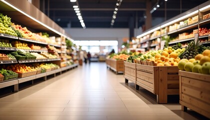 Fresh produce aisle with wooden displays offering a vibrant and healthy shopping experience