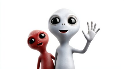Two aliens are standing next to each other, one is red and the other is white. They are smiling and waving at the camera