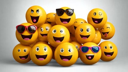 Obraz premium Group of yellow smiley faces with sunglasses on them. Scene is cheerful and fun