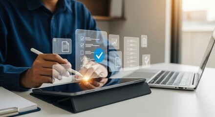 Digital workflow with tablet and stylus in professional setting. Tech-savvy person using tablet with floating document icons. Modern office productivity with blue checkmark.