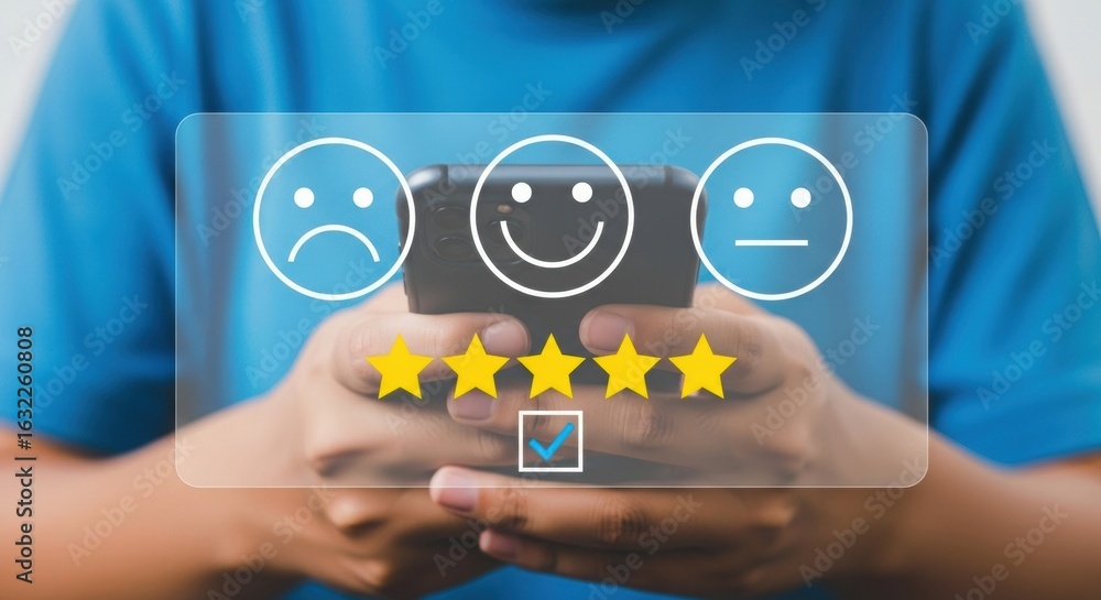 Poster smartphone user feedback with emoticons and star ratings. digital survey interface with happy face s
