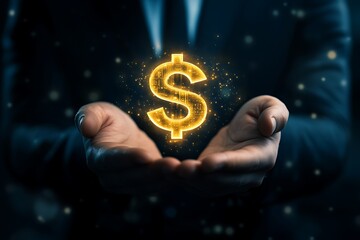 Glowing Dollar Sign Held in Hands Concept for Wealth, Finance, and Investment