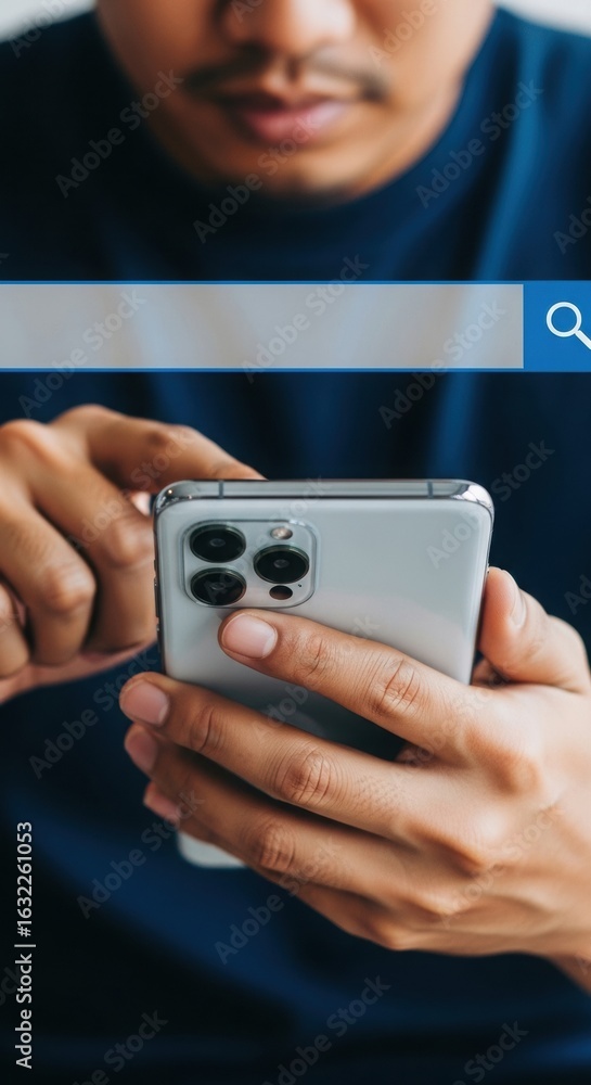 Poster smartphone search function with magnifying glass overlay. modern tech interaction with transparent s