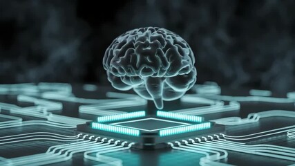 hologram brain that glows above the circuit board and computing unit. Motion image of generative AI and machine learning - Powered by Adobe