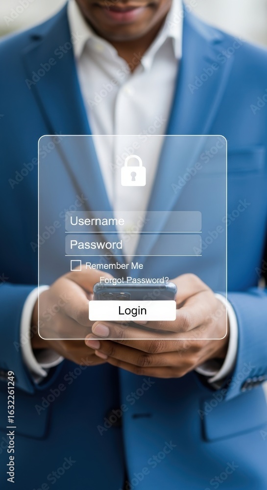 Poster Professional digital login interface with blue and white theme. Secure authentication on smartphone in formal setting. Modern cybersecurity with username and password fields.
