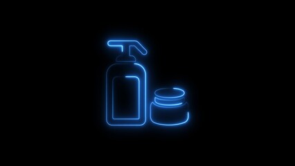 Glowing neon outline of a lotion bottle and cosmetic jar on a black background