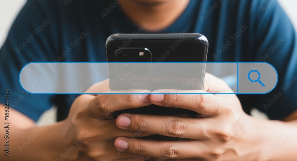 Poster smartphone search bar with magnifying glass icon overlay. digital browsing on mobile device with blu
