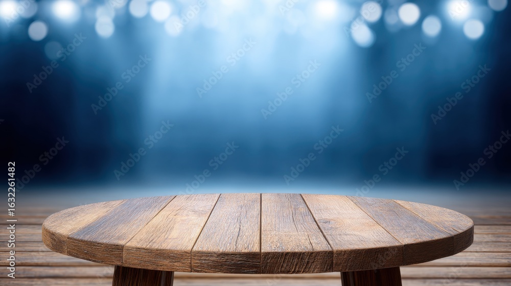 Poster rustic wooden round table against a blurred blue backdrop with soft bokeh lights, studio background 