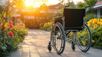 Fototapeta premium Serene Path with Wheelchair in Beautiful Garden Setting