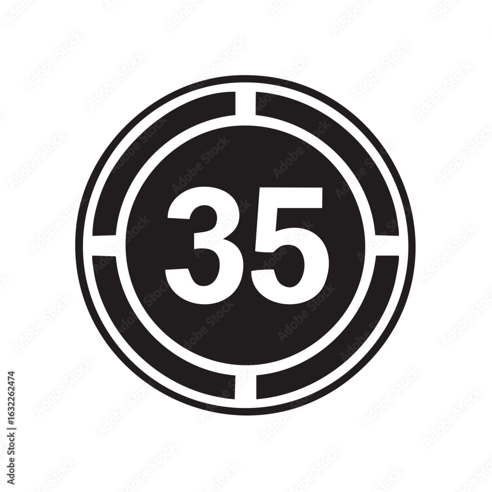 Poster number thirty five graphic element with circular design and segmented border