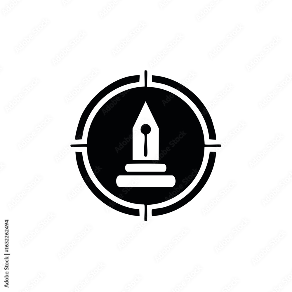 Poster fountain pen nib inside circular target symbol. writing concept with accuracy and precision represen