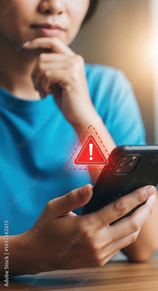 Poster thoughtful person holding smartphone with red warning alert. digital notification and urgent message