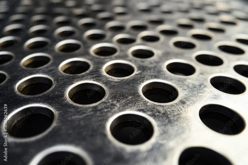 Poster close up view of metal with multiple holes. industrial grate texture for background and abstract des