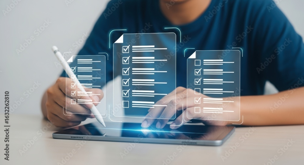 Poster Digital illustration of a person using a tablet with augmented reality checklists. Modern tech interaction with stylus and floating documents. Professional workspace with digital overlay.