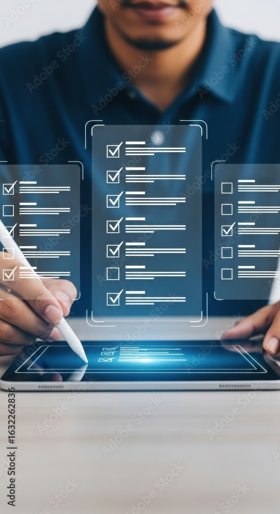 Poster digital illustration of a person using a tablet with augmented reality checklists. modern tech inter