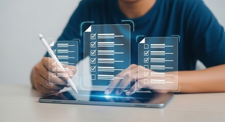 Digital illustration of a person using a tablet with augmented reality checklists. Modern tech interaction with stylus and floating documents. Professional workspace with digital overlay.