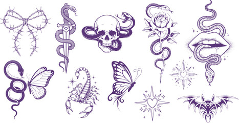 Set of Y2k collage, tattoo, dot photocopy.  effect, Y2K Stickers Set, photocopy effect, butterfly, snake tattoo, skeleton, skull, skull with snake etc. 