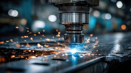 Dramatic industrial workshop with sparks flying from precision metal printing
